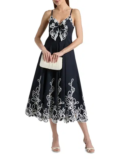 Cinq à Sept Women's Dama Embroidered Cotton Poplin Midi-Dress - Navy White | Thumbnail 2 Cinq à Sept Women's Dama Embroidered Cotton Poplin Midi-Dress - Navy White | Thumbnail 2
