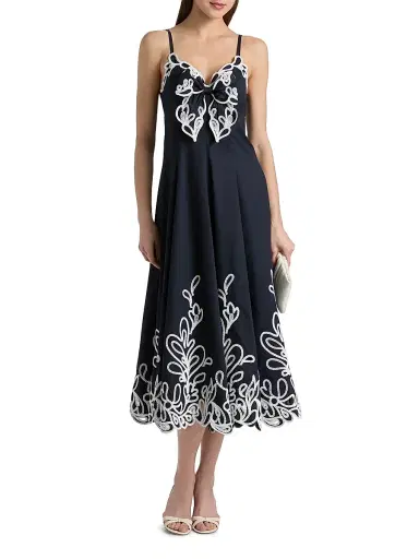 Cinq à Sept Women's Dama Embroidered Cotton Poplin Midi-Dress - Navy White | Thumbnail 3 Cinq à Sept Women's Dama Embroidered Cotton Poplin Midi-Dress - Navy White | Thumbnail 3