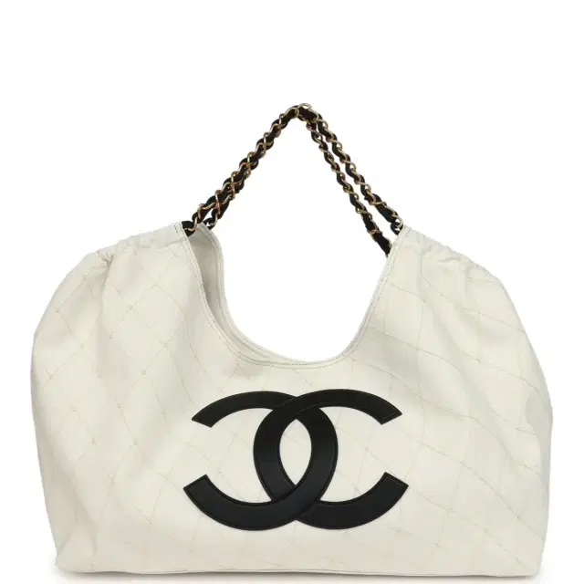 Chanel Maxi Coco Beach Cambon Hobo Bag White Denim and Black Calfskin Brushed Gold Hardware Chanel Maxi Coco Beach Cambon Hobo Bag White Denim and Black Calfskin Brushed Gold Hardware