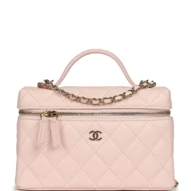 Chanel Chanel Top Handle Long Vanity Case with Chain Light Pink Shiny Caviar Light Gold Hardware | Thumbnail 1 Chanel Chanel Top Handle Long Vanity Case with Chain Light Pink Shiny Caviar Light Gold Hardware | Thumbnail 1
