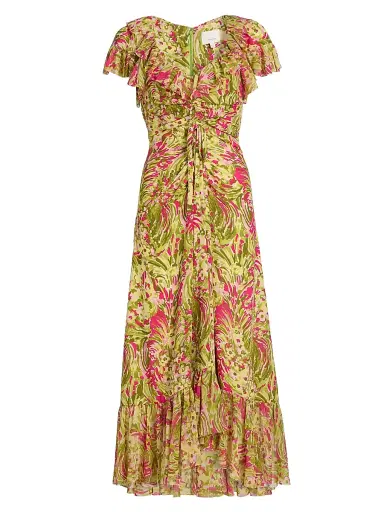 Cinq à Sept Women's Daisy Swirl Ivey Printed Ruffled V-Neck Midi-Dress - Pink Amethyst Multi | Thumbnail 1 Cinq à Sept Women's Daisy Swirl Ivey Printed Ruffled V-Neck Midi-Dress - Pink Amethyst Multi | Thumbnail 1