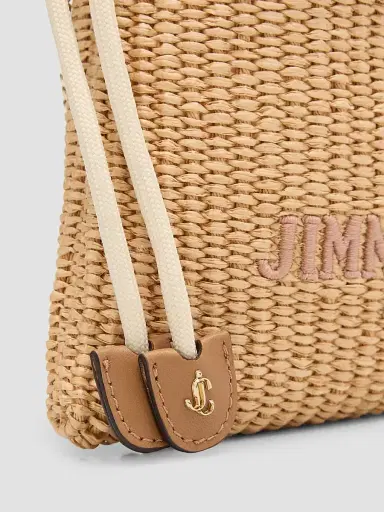 Jimmy Choo Women's Raffia Drawstring Pouch - Natural Tan Light Gold | Thumbnail 4 Jimmy Choo Women's Raffia Drawstring Pouch - Natural Tan Light Gold | Thumbnail 4