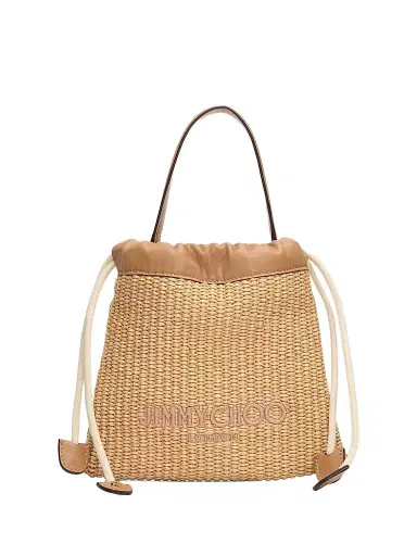 Jimmy Choo Women's Raffia Drawstring Pouch - Natural Tan Light Gold | Thumbnail 1 Jimmy Choo Women's Raffia Drawstring Pouch - Natural Tan Light Gold | Thumbnail 1