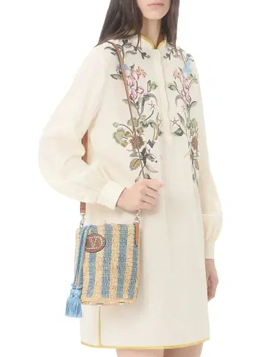 Valentino Garavani Women's Small Bucket Bag in Striped Raffia - Natural Azure | Thumbnail 3 Valentino Garavani Women's Small Bucket Bag in Striped Raffia - Natural Azure | Thumbnail 3