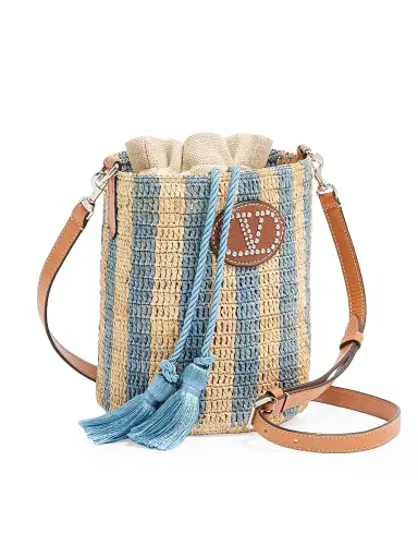 Valentino Garavani Women's Small Bucket Bag in Striped Raffia - Natural Azure | Thumbnail 4 Valentino Garavani Women's Small Bucket Bag in Striped Raffia - Natural Azure | Thumbnail 4