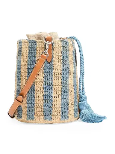 Valentino Garavani Women's Small Bucket Bag in Striped Raffia - Natural Azure | Thumbnail 5 Valentino Garavani Women's Small Bucket Bag in Striped Raffia - Natural Azure | Thumbnail 5