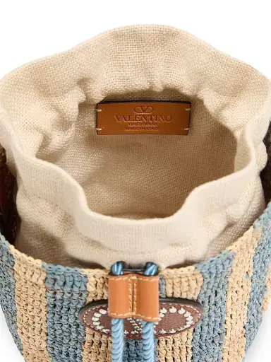 Valentino Garavani Women's Small Bucket Bag in Striped Raffia - Natural Azure | Thumbnail 7 Valentino Garavani Women's Small Bucket Bag in Striped Raffia - Natural Azure | Thumbnail 7