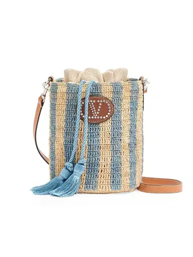 Valentino Garavani Women's Small Bucket Bag in Striped Raffia - Natural Azure | Thumbnail 1 Valentino Garavani Women's Small Bucket Bag in Striped Raffia - Natural Azure | Thumbnail 1
