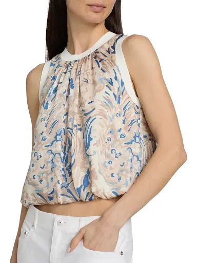 Cinq à Sept Women's Daisy Swirl Peia Printed Blouson Crop Top - Neutral Multi | Thumbnail 6 Cinq à Sept Women's Daisy Swirl Peia Printed Blouson Crop Top - Neutral Multi | Thumbnail 6