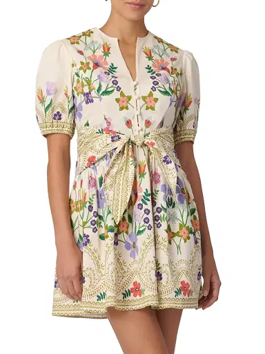 Shoshanna Women's Tinsley Floral Tie Waist Minidress - Lilac Tangerine Sand | Thumbnail 2 Shoshanna Women's Tinsley Floral Tie Waist Minidress - Lilac Tangerine Sand | Thumbnail 2