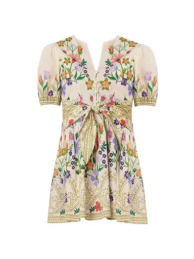 Shoshanna Women's Tinsley Floral Tie Waist Minidress - Lilac Tangerine Sand | Thumbnail 1 Shoshanna Women's Tinsley Floral Tie Waist Minidress - Lilac Tangerine Sand | Thumbnail 1