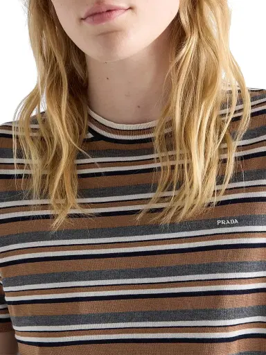 Prada Women's Short-Sleeved Striped Jersey T-Shirt - Brown Multi - Size 10 | Thumbnail 5 Prada Women's Short-Sleeved Striped Jersey T-Shirt - Brown Multi - Size 10 | Thumbnail 5