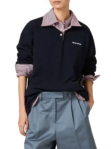 Miu Miu Women's Cotton Piqué Polo Shirt - Dark Blue | Thumbnail 3 Miu Miu Women's Cotton Piqué Polo Shirt - Dark Blue | Thumbnail 3