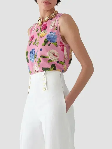 Carolina Herrera Women's Cabana Floral Crewneck Silk-Cotton Sleeveless Tank - Rosewater Multi | Thumbnail 4 Carolina Herrera Women's Cabana Floral Crewneck Silk-Cotton Sleeveless Tank - Rosewater Multi | Thumbnail 4