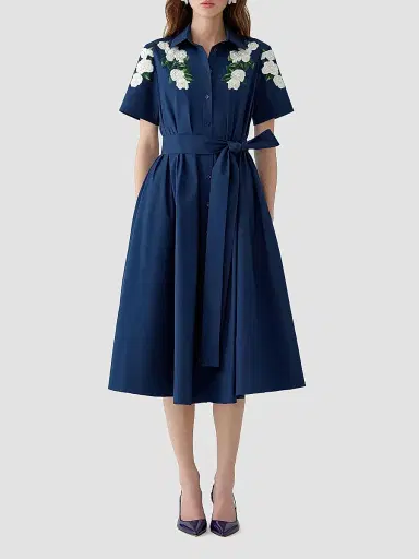 Carolina Herrera Women's Cabana Embroidered Short-Sleeve Midi Shirtdress - Midnight | Thumbnail 2 Carolina Herrera Women's Cabana Embroidered Short-Sleeve Midi Shirtdress - Midnight | Thumbnail 2