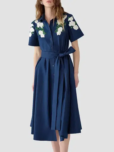 Carolina Herrera Women's Cabana Embroidered Short-Sleeve Midi Shirtdress - Midnight | Thumbnail 4 Carolina Herrera Women's Cabana Embroidered Short-Sleeve Midi Shirtdress - Midnight | Thumbnail 4