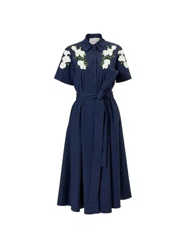 Carolina Herrera Women's Cabana Embroidered Short-Sleeve Midi Shirtdress - Midnight | Thumbnail 1 Carolina Herrera Women's Cabana Embroidered Short-Sleeve Midi Shirtdress - Midnight | Thumbnail 1