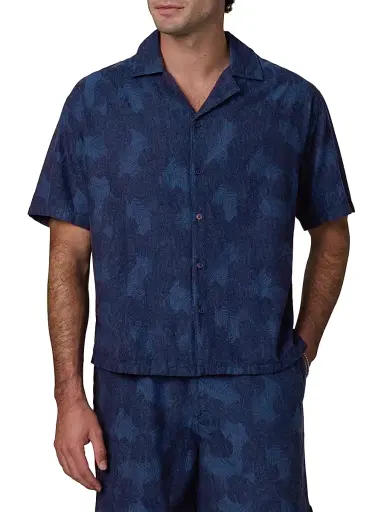 Joe's Jeans Men's Cabana Printed Cotton-Linen Camp Shirt - Dark Indigo | Thumbnail 3 Joe's Jeans Men's Cabana Printed Cotton-Linen Camp Shirt - Dark Indigo | Thumbnail 3