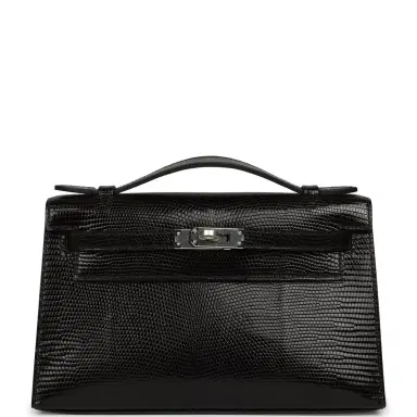 HERMÈS Hermes Kelly Pochette Black Varanus Niloticus Lizard Palladium Hardware | Thumbnail 1 HERMÈS Hermes Kelly Pochette Black Varanus Niloticus Lizard Palladium Hardware | Thumbnail 1