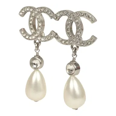 Chanel Pre-owned Chanel Large Crystal CC Pearl Drop Earrings Silver Tone Metal | Thumbnail 3 Chanel Pre-owned Chanel Large Crystal CC Pearl Drop Earrings Silver Tone Metal | Thumbnail 3