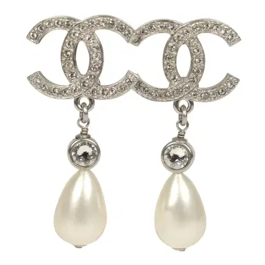 Chanel Pre-owned Chanel Large Crystal CC Pearl Drop Earrings Silver Tone Metal | Thumbnail 1 Chanel Pre-owned Chanel Large Crystal CC Pearl Drop Earrings Silver Tone Metal | Thumbnail 1
