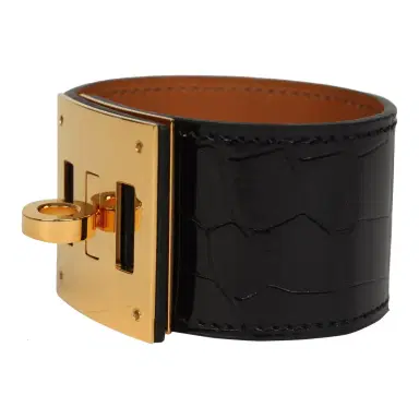 HERMÈS Pre-owned Hermes Kelly Dog Bracelet Black Shiny Alligator Yellow Gold | Thumbnail 2 HERMÈS Pre-owned Hermes Kelly Dog Bracelet Black Shiny Alligator Yellow Gold | Thumbnail 2