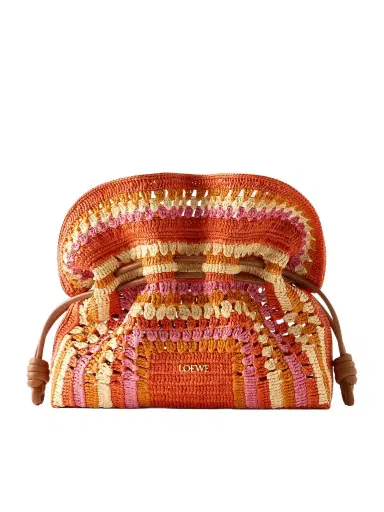 Loewe + Paula's Ibiza Flamenco Mini Leather-trimmed Crocheted Raffia Clutch | Thumbnail 1 Loewe + Paula's Ibiza Flamenco Mini Leather-trimmed Crocheted Raffia Clutch | Thumbnail 1