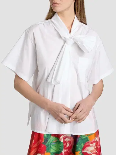 MOSCHINO Women's Stretch-Cotton Tieneck Blouse - Multi White | Thumbnail 6 MOSCHINO Women's Stretch-Cotton Tieneck Blouse - Multi White | Thumbnail 6