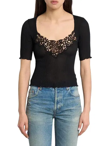 Saint Laurent Women's Guipure Top in Ribbed Silk - Noir - Size Large | Thumbnail 3 Saint Laurent Women's Guipure Top in Ribbed Silk - Noir - Size Large | Thumbnail 3