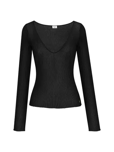 Saint Laurent Women's Cassandre V-neck Top in Ribbed Silk - Noir | Thumbnail 1 Saint Laurent Women's Cassandre V-neck Top in Ribbed Silk - Noir | Thumbnail 1