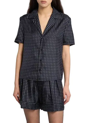 Saint Laurent Women's Pajama Top in Square Silk Satin - Marine | Thumbnail 3 Saint Laurent Women's Pajama Top in Square Silk Satin - Marine | Thumbnail 3