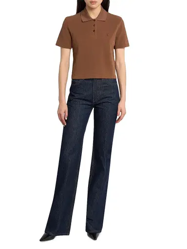 Saint Laurent Women's Cassandre Cropped Polo Shirt in Cotton Pique - Caramel | Thumbnail 2 Saint Laurent Women's Cassandre Cropped Polo Shirt in Cotton Pique - Caramel | Thumbnail 2