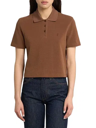 Saint Laurent Women's Cassandre Cropped Polo Shirt in Cotton Pique - Caramel | Thumbnail 3 Saint Laurent Women's Cassandre Cropped Polo Shirt in Cotton Pique - Caramel | Thumbnail 3