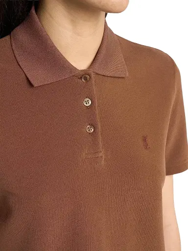 Saint Laurent Women's Cassandre Cropped Polo Shirt in Cotton Pique - Caramel | Thumbnail 6 Saint Laurent Women's Cassandre Cropped Polo Shirt in Cotton Pique - Caramel | Thumbnail 6