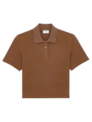 Saint Laurent Women's Cassandre Cropped Polo Shirt in Cotton Pique - Caramel | Thumbnail 1 Saint Laurent Women's Cassandre Cropped Polo Shirt in Cotton Pique - Caramel | Thumbnail 1