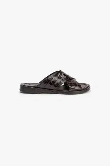Roberto Cavalli Dark Brown Crocodile-Effect Leather Slide Sandals | Thumbnail 2 Roberto Cavalli Dark Brown Crocodile-Effect Leather Slide Sandals | Thumbnail 2