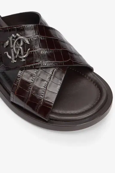 Roberto Cavalli Dark Brown Crocodile-Effect Leather Slide Sandals | Thumbnail 5 Roberto Cavalli Dark Brown Crocodile-Effect Leather Slide Sandals | Thumbnail 5