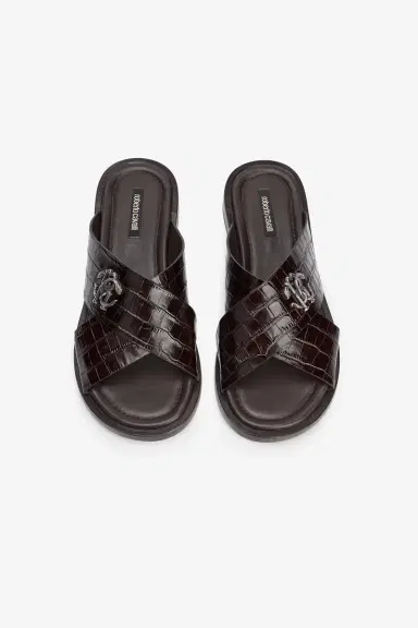 Roberto Cavalli Dark Brown Crocodile-Effect Leather Slide Sandals | Thumbnail 6 Roberto Cavalli Dark Brown Crocodile-Effect Leather Slide Sandals | Thumbnail 6