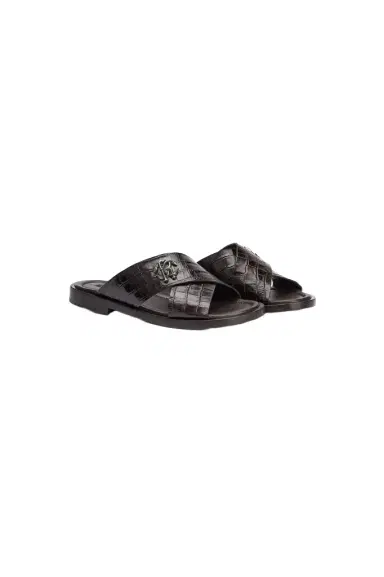 Roberto Cavalli Dark Brown Crocodile-Effect Leather Slide Sandals | Thumbnail 1 Roberto Cavalli Dark Brown Crocodile-Effect Leather Slide Sandals | Thumbnail 1