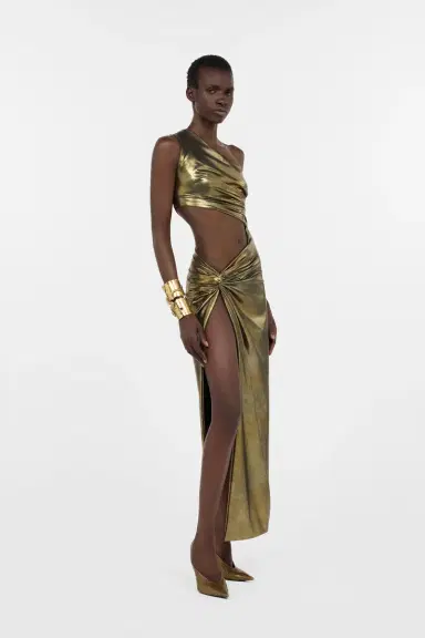 Roberto Cavalli One-Shoulder Gold Dress with Cut-Out Detail | Thumbnail 2 Roberto Cavalli One-Shoulder Gold Dress with Cut-Out Detail | Thumbnail 2