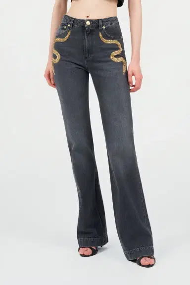 Roberto Cavalli Flared Jeans with Snake Embroidery | Thumbnail 2 Roberto Cavalli Flared Jeans with Snake Embroidery | Thumbnail 2