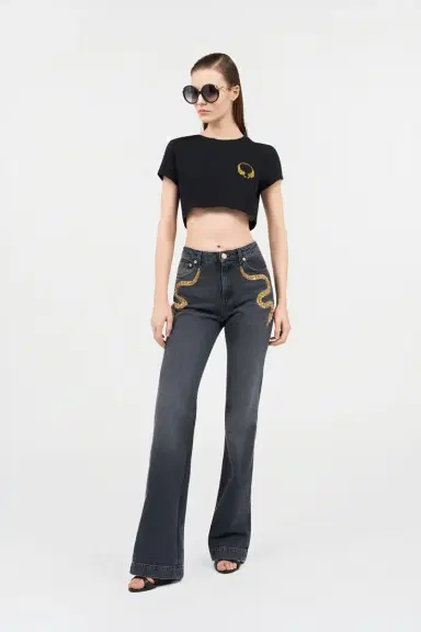 Roberto Cavalli Flared Jeans with Snake Embroidery | Thumbnail 7 Roberto Cavalli Flared Jeans with Snake Embroidery | Thumbnail 7