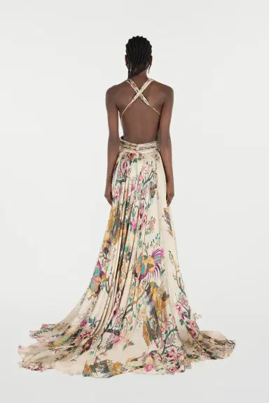 Roberto Cavalli Extra-Long Silk Dress With Oriental Bird Print | Thumbnail 3 Roberto Cavalli Extra-Long Silk Dress With Oriental Bird Print | Thumbnail 3