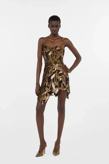 Roberto Cavalli Chocolate Sheer Mini Dress with Foliage Motif | Thumbnail 7 Roberto Cavalli Chocolate Sheer Mini Dress with Foliage Motif | Thumbnail 7