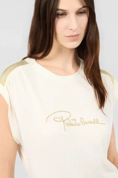 Roberto Cavalli Ivory T-Shirt with Logo and Gold Embellishments | Thumbnail 4 Roberto Cavalli Ivory T-Shirt with Logo and Gold Embellishments | Thumbnail 4