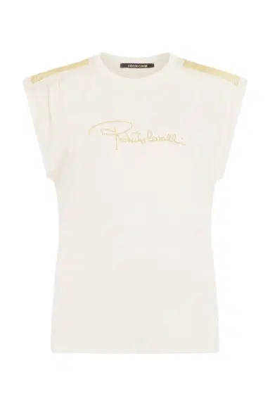 Roberto Cavalli Ivory T-Shirt with Logo and Gold Embellishments | Thumbnail 1 Roberto Cavalli Ivory T-Shirt with Logo and Gold Embellishments | Thumbnail 1