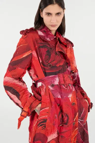 Roberto Cavalli Long Crinkle-Effect Trench Coat With Rose Print | Thumbnail 5 Roberto Cavalli Long Crinkle-Effect Trench Coat With Rose Print | Thumbnail 5