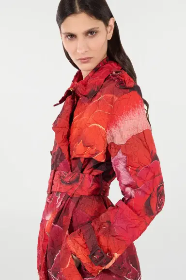 Roberto Cavalli Long Crinkle-Effect Trench Coat With Rose Print | Thumbnail 6 Roberto Cavalli Long Crinkle-Effect Trench Coat With Rose Print | Thumbnail 6