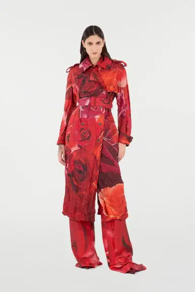 Roberto Cavalli Long Crinkle-Effect Trench Coat With Rose Print | Thumbnail 7 Roberto Cavalli Long Crinkle-Effect Trench Coat With Rose Print | Thumbnail 7