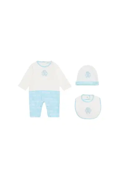 Roberto Cavalli Monogram RC And Logo Hat, Bib And Romper Suit Set | Thumbnail 1 Roberto Cavalli Monogram RC And Logo Hat, Bib And Romper Suit Set | Thumbnail 1